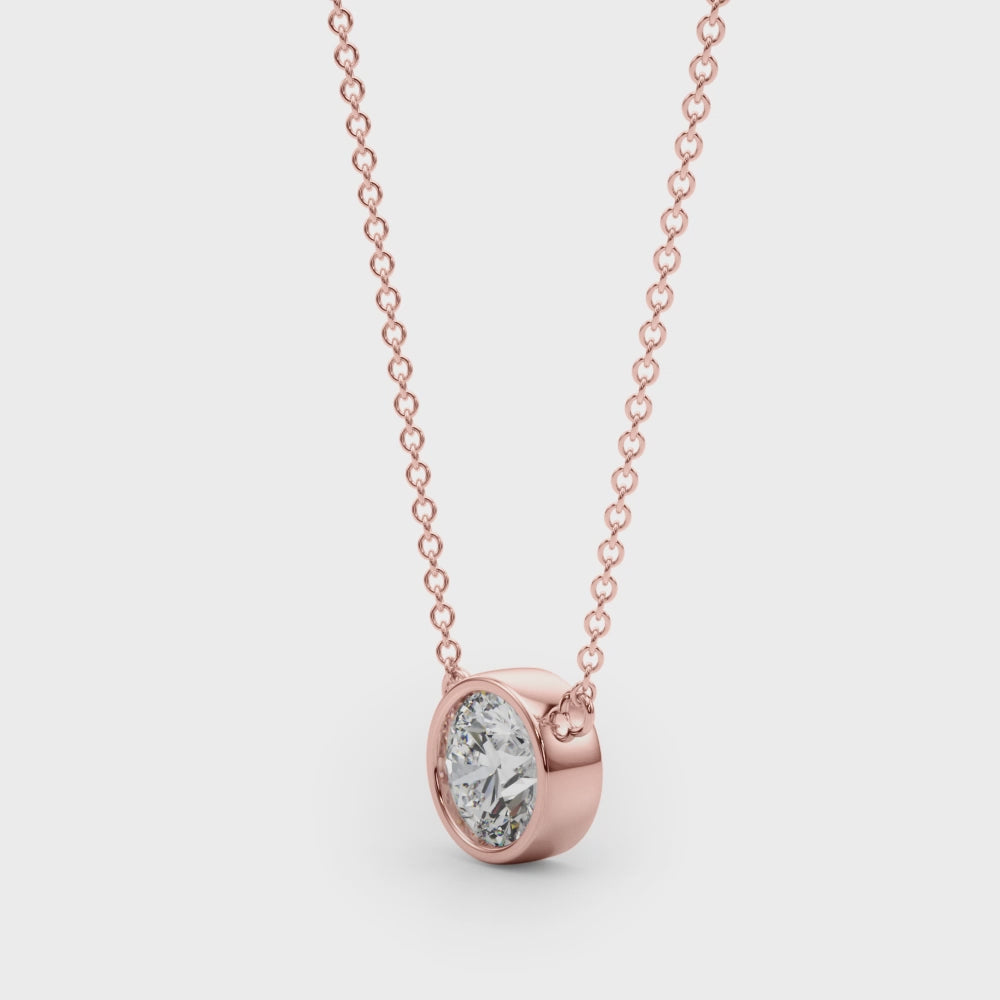 Round Brilliant Bezel Set Diamond Solitaire Necklace in Rose Gold