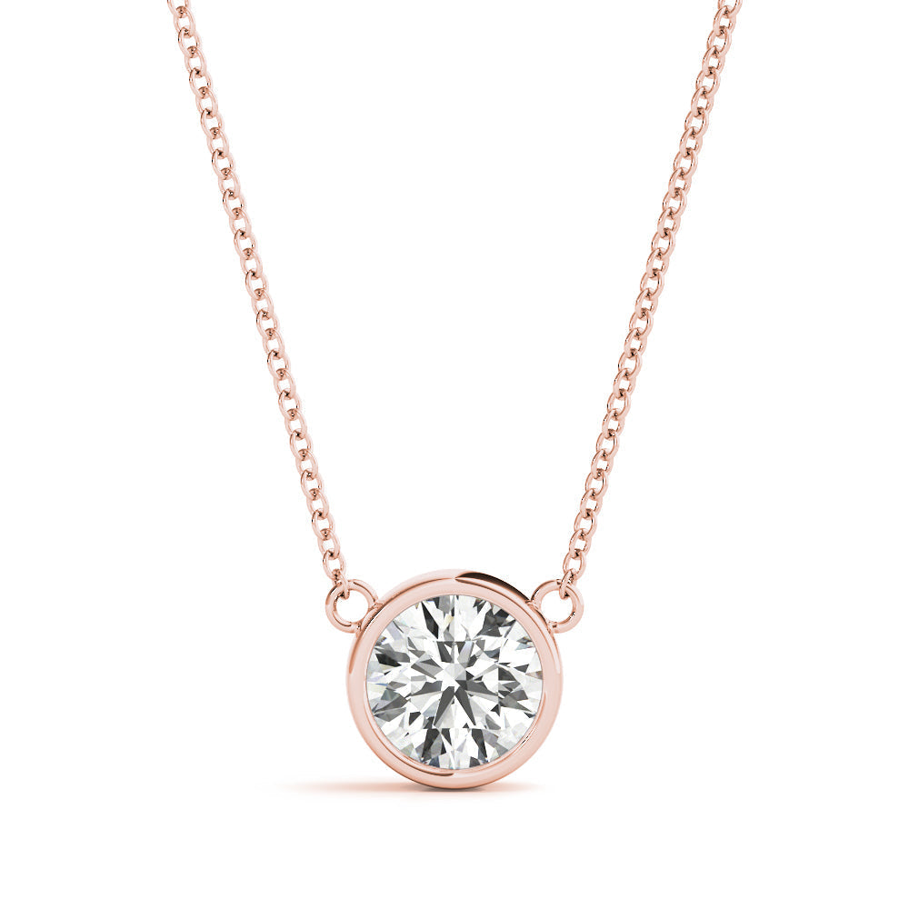 Round Brilliant Bezel Set Diamond Solitaire Necklace in Rose Gold